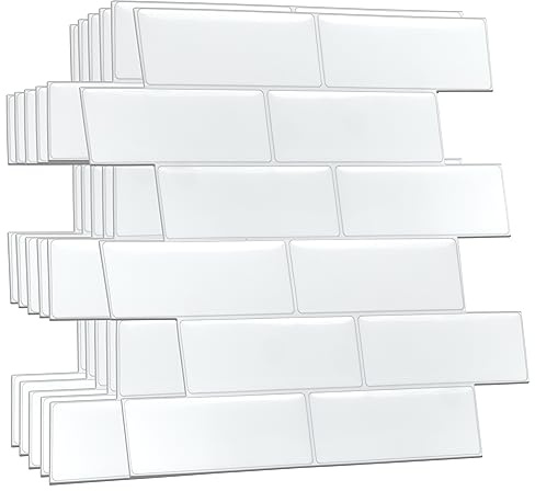 WALPLUS 40 PCS Pure White Mosaic 3D Tile Stickers 15.4 x 30.5 cm, Peel and Stick Waterproof Self Adhesive Wall Tiles for Kitchen Bathroom Splashback