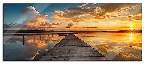 Pixxprint Glasbild Panorama, Wandbild aus Echtglas, Steg am See bei Sonnenuntergang, 100x40 cm, inkl. Aufhängung und Abstandshalter