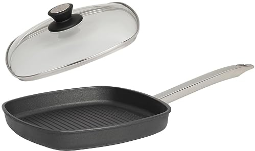 SKK flache 2-tlg. Guss Grillpfanne 26x26 cm - Induktion - eckige Antihaft Steakpfanne gerippter Boden & Deckel mit Edelstahlrand - Made in Germany