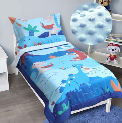 ACRABROS Juego de ropa de cama infantil de 4 piezas para niñas y niños, incluye edredón, sábana bajera, sábana encimera y funda de almohada reversible, juego de cama ultra suave, dinosaurio azul
