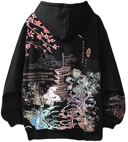 Osheoiso Harajuku Style Homme Capuche Hoodies Sweat à Capuche Sweat Shirt Pull Top Manches Longues Hip Hop Japonais Hoodie pour Homme A Noir S