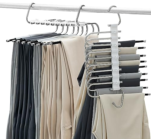 GmeDhc Hosenbügel Klemmbügel, 2 Stück Hosenbügel Platzsparend, Kleiderbügel Hosen Teleskopisch, Kleiderschrank Organizer, Multi Purpose Hanger rutschfest, Für Jeans, Handtuch, Schal, Krawatte(9 Haken)