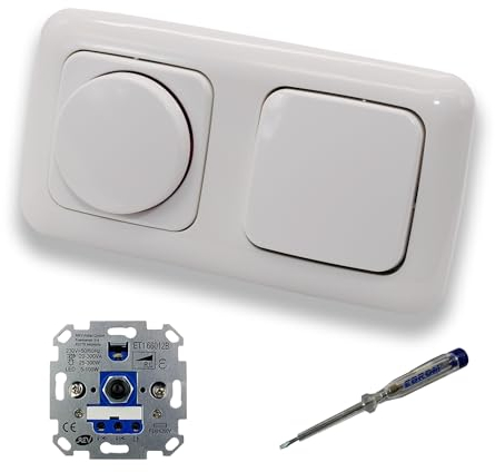 REV Ritter LED Drehdimmer Dimmer + Busch Jäger Dimmerscheibe 2115-214 und Lichttaster 2020 US in Reflex Si alpinweiß glänzend inklusive EBROM Phasenprüfer zur Montage der Geräte ET1 66012B