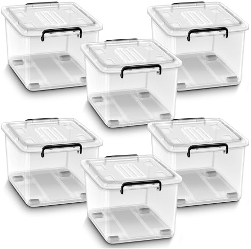 tillvex® Aufbewahrungsboxen mit Deckel 4er Set - 42 Liter, lebensmittelecht | Kunststoff Boxen Set stapelbar | Aufbewahrung Ordnungssystem Plastik-Box groß | Aufbewahrungsbox Kleiderboxen transparent