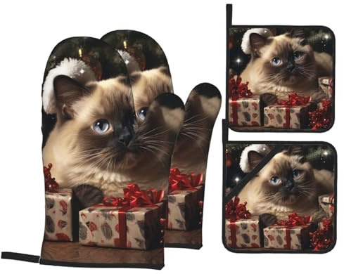 Lot de 4 maniques et maniques de Noël avec motif chat siamois - Résistants à la chaleur - Antidérapants - Pour cuisine, barbecue