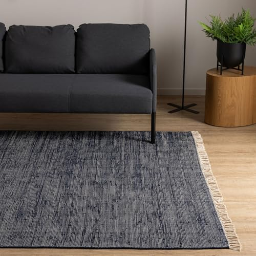 Interiyou Toledo Teppich aus Baumwolle - 160x230 cm Dunkelblau - Handgewebter Teppich mit Fransen für Wohnzimmer, Schlafzimmer, Kinderzimmer, Esszimmer, Küche oder Flur