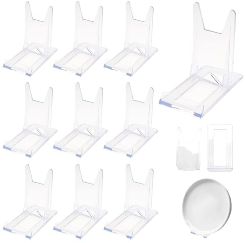 10 Pièces Support de Présentation en Plastique, Chevalets en Acrylique Présentoirs 11,5x11x6cm, Supports pour Assiettes Réglable Transparent pour Assiettes, Livres, Produits Électroniques, Phoframe
