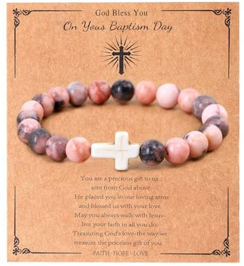 LUOKIFUR Bracciale da donna con croce, regalo per battesimo, cristiano cattolico, religioso, braccialetto con perline in pietra naturale, regalo ispiratore per lei (pink zebra)