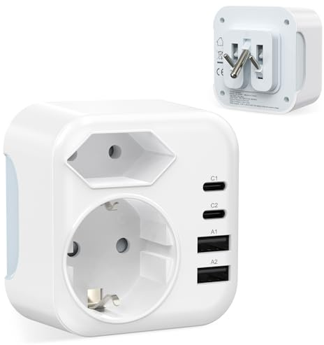 PABANCE Reiseadapter Indien, 6 in 1 Adapter Indien, Deutschland auf Sri Lanka Reisestecker Adapter mit 2X USB C + 2X USB A, Steckdosenadapter Typ D, für Indien, Sri Lanka, Nepal