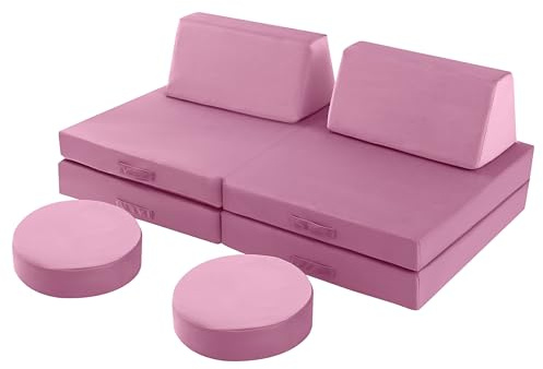 MeMoreCool Leksoffa för barn, barnsoffa, modulär barnfåtöljsoffa för lekrum, 8-delad barnsoffa, hopfällbar lekset, barnsoffa med sovfunktion för flickor, pojkar, rosa
