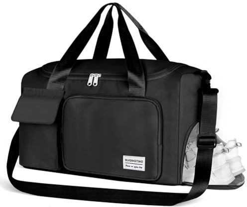 Schwarz Sporttasche Damen Herren, Groß Reisetasche Damen mit Schuhfach und Nassfach, Wasserabweisende Sporttasche Faltbare Reisetasche Trainingstasche Handgepäck Tasche für Reisen, Fitness, Sport