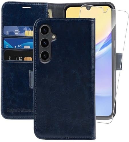 MONASAY For Galaxy A16 5G Wallet Case, [Included Glass Screen Protector][RFID Blocking] Flip Folio Leather Cell Phone Cover with Credit Card Holder for Samsung Galaxy A16 5G, Blue