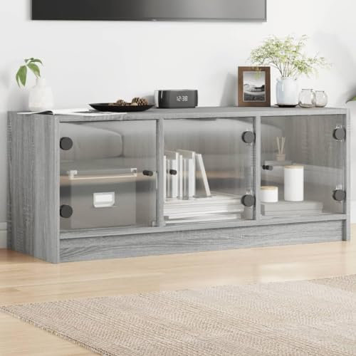 CINDERFUL TV-Schrank mit Glastüren Grau Sonoma 102x37x42 cm,Eleganter TVSchrank mit Glastüren und viel Stauraum TV-Möbel, TV-Bänke