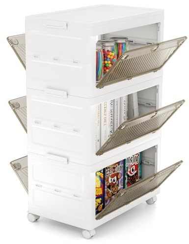 COSTWAY 126L Aufbewahrungsbox mit Deckel, 3er Set Stapelboxen faltbar, Aufbewahrungsbehälter mit Zweiweg-Türen & Rollen, Boxen Aufbewahrung Kunststoffbox, Weiß (126 L)