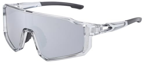 Long Keeper Occhiali da Ciclismo - Occhiali Bici da Corsa Running Trekking Trasparenti UV400 Occhiali da Sole Sportivi MTB Leggeri per Donna Uomo (Grigio Chiaro Montatura - Argento Specchiati Lente)