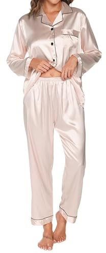 TeJoyce Pigiama Donna in Seta, Pigiami 2 Pezzi in Raso, Camicia a Maniche Lunghe con Bottoni e Pantaloni Abbinati, Abbigliamento Notte Donna Leggero e Traspirante per Casa