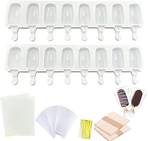 Popsicle Molds Set,Big Size Ice Lolly Mould,4 Kavitäten Eis Am Stiel Formen,Cakesicles Silikonform mit Deckel für DIY Stieleis,mit 100 Holzstäbchen,100 Beutel,100 Packstreifen und 100 Aufkleber (B)