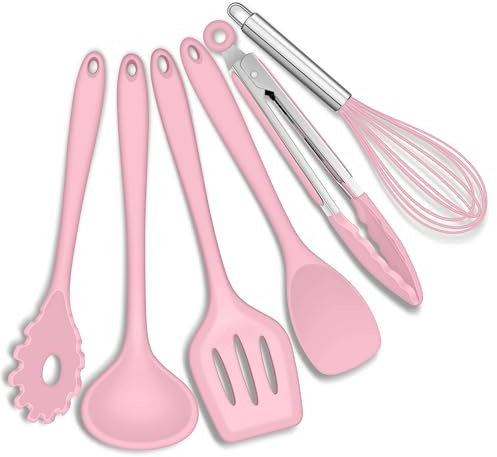 Joyfair 6 Stück Rosa Silikon Küchenhelfer Set zum Kochen & Backen | Hitzebeständig & Lebensmittelecht, Antihaft & Langlebig, Ergonomischer Griff, Weicher Silikonkopf, Spülmaschinenfest