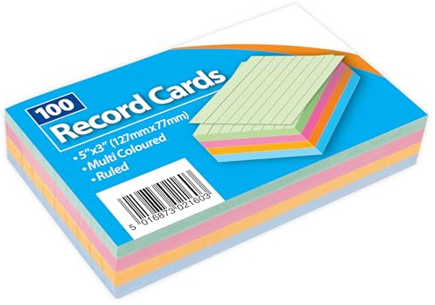 Record Cards, 5x3inch, Multi-Coloured, Ruled with Headline, 100-Pack
