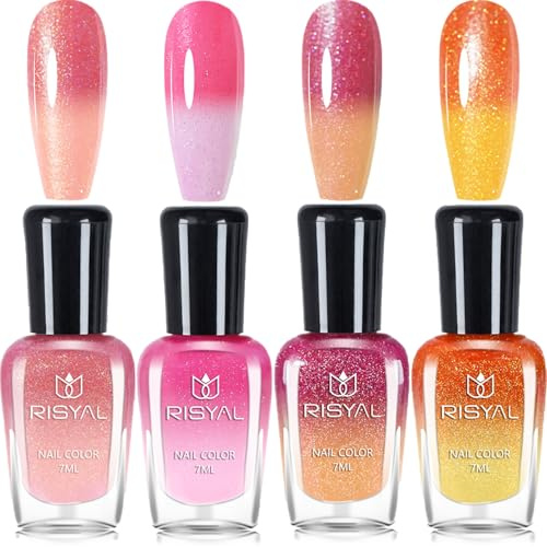 Colour Changing Nail Polish - 4Pcs Temperature Change Glitter Nail Polish Sets - Orange Pink Nail Varnish Sets Gel Polish Colours - Quick Dry Nail Polish Nail Art DIY Summer Gifts