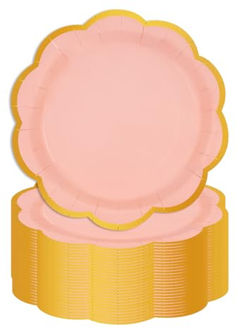 HFBOBP 50 pièces Assiette Jetable Festonnées 18cm, Rose Assiettes en Carton Vaisselle Jetable Anniversaire pour Barbecue Anniversaire Fête Douche de bébé Mariages