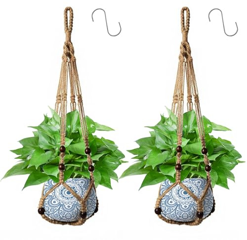 Apstaqeoo Lot de 2 paniers de fleurs suspendus en corde de jute macramé avec perles en bois décoratives et 2 crochets de suspension, support mural pour pot de fleurs pour intérieur et extérieur
