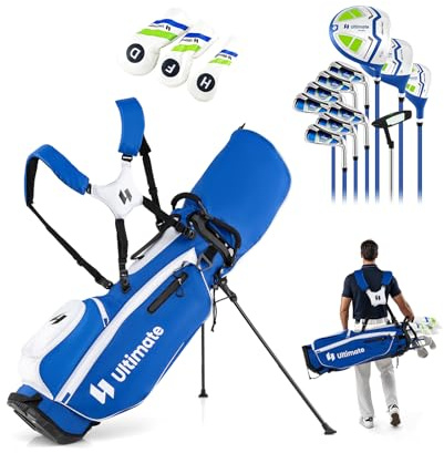 GYMAX Paquete de Palos de Golf para Hombres, Juego de Palos de Golf con Soporte de Pie, 5 Compartimientos, 5 Bolsillos de Cremallera, Juego de 15 Piezas (Azul+Blanco)