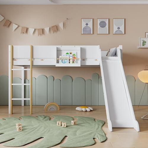 NovaFurnish Hochbett, Etagenbett mit dreistufiger gerader Leiter, Kinderbett, Jugendbett mit Rutsche, mit abnehmbarem Regal, Kiefer+MDF, Weiß+Natur, 90x200cm