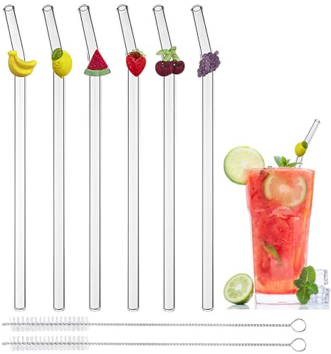 Wiederverwendbare Glas-Trinkhalme, 8 Stück (20 x 8 mm, gebogen), mit 6 süßen Obst-Motiven und 2 Reinigungsbürsten, ideal für Smoothies, Kaffee, Saft, Tee, Milch und Cocktails