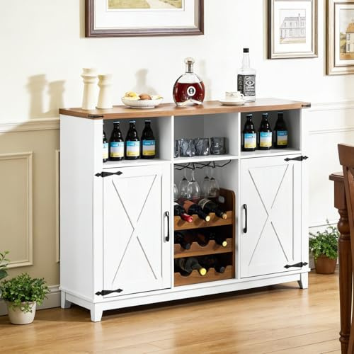 EROMMY Farmhouse Wine Bar Cabinet, 51 Sideboard Buffet Cabinet with Detachable Wine Rack and 3 Open Storage Compartments, Rustic Liquor Cabinet for Dining, Living Room, Kitchen, White