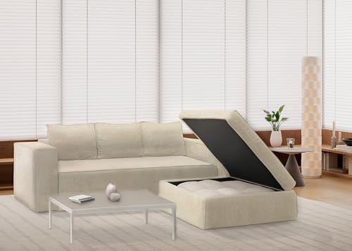 EMME HOME Sofá Cama de 3 plazas con Montaje y Retirada incluído. Sofás de Diseño cómodo y Moderno. Sofá-Cama Plegable con Puff Opcional Convertible en Chaise Longue y cajonera. Modelo Cubik