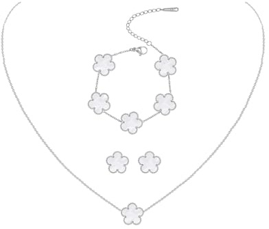 JYIXXZX Smyckeset med fyra blad för kvinnor, silver, rostfritt stål, lyckoamulett, halsband, örhängen, justerbart armband, set för födelsedag, bröllop, present, årsdag, one size, Rostfritt stål, Ingen