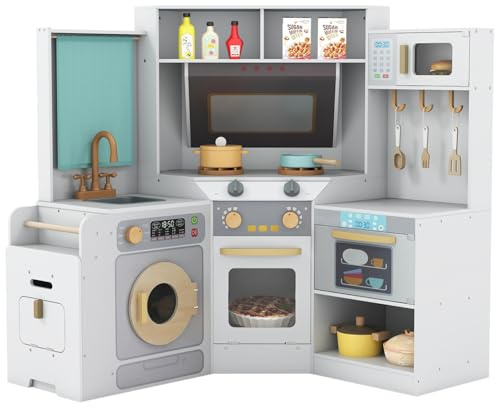 Maxmass Large Kids Corner Kitchen, Wooden Children Toy Kitchen with Light, Sounds, Pull-Out Trash Can, Microwave, Washer, Sink, Toddler Role Play Kitchens Cooking Playset for 3+ Years Old (Grey)