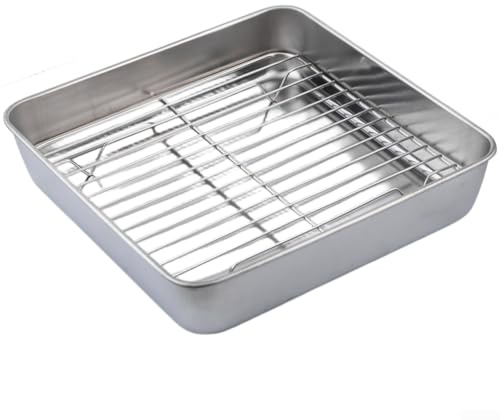 Linnkyfloa Teglia da forno in acciaio inossidabile, 24 x 24 x 5 cm, vassoio quadrato profondo per uso in cucina, contenitore per alimenti con griglia metallica, superfici elettrolucidate, impilabile