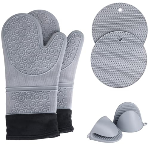 Oven Gloves Heat Resistant - 14.4 inch Long Waterproof Non-Slip Silicon Oven Mitts Set of 6 for Barbecue, Kitchen Baking and Microwave, Grey