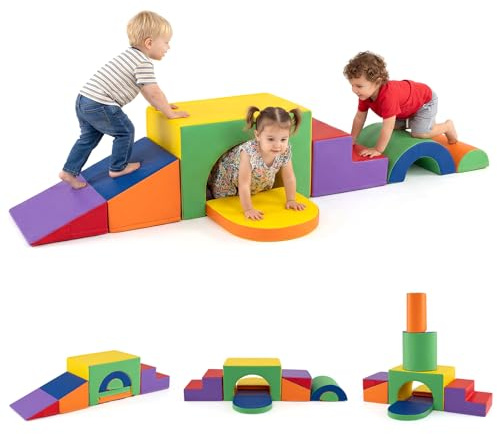 Costzon 7 Pieces Toddler Climbing Toys Indoor, Climb & Crawl Activity Playset w/Slide & Tunnel, Waterproof PU Cover, Indoor Play Gym Structures for Toddlers, Foam Climbing Blocks for Kids 1+ Year Old