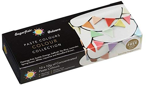 Sugarflair Multi Paste Lebensmittelfarben, Collection, Set/10 | Liquorice, Daffodil, Sky Blue, Spring Green, White, Woodland Brown, Lavender, Orange, Flamingo Pink, Scarlet