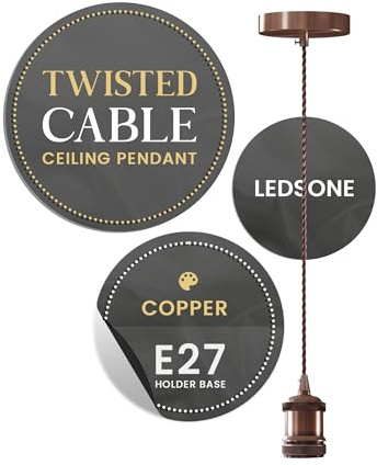 Vintage E27 Pendant Light Fitting Industrial Ceiling Lamp Holder | 95cm Adjustable Twisted Braided Cable, Retro Hanging Light for Kitchen Island, Dining Room & Bar