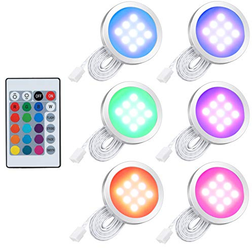 Lixada 6 st RGB LED-skåpbelysning, installationssats med fjärrkontroll för bokskåp, väggskåp, tunn rund form, underbyggd lampa, färgförändrande, dimbar ljusstyrka, justerbar