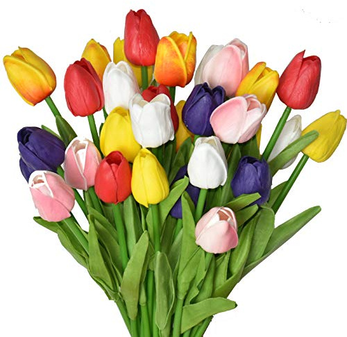 WISTART 24pcs Multicolor Artificial Tulips Flowers Fake Faux PU Tulip Bouquet Real Touch Flower Arrangement for Home Room Office Party Wedding Decoration Excellent Gift Idea for Mothers Day