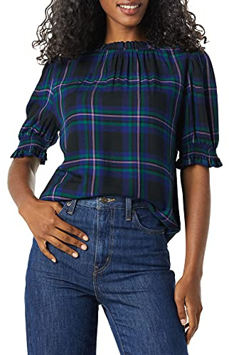 Amazon Essentials Blusa Chemisier Corta con Maniche A Sbuffo in Twill Fluido Donna, Nero Blu Tartan Chelsea, M