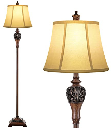 Vintage golvlampa för vardagsrum och sovrum - traditionell bondgård och mitten av århundradet antik stående hög lampa med vit tygskärm - rustik elegant läsning och retro heminredning