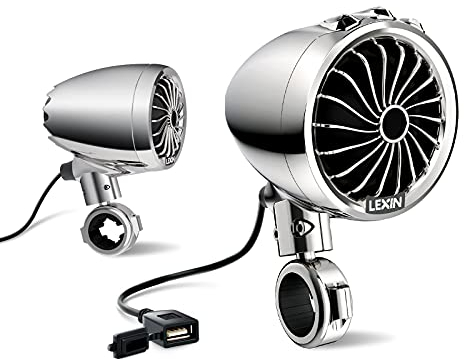 LEXIN Q3 Haut-parleurs Bluetooth Moto, Systèmes Audio Stéréo Moto Imperméables avec USB Chargeur, Enceinte pour Motocycle Chorme