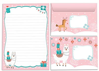 Briefpapier-Set Lama Weihnachten als Briefblock mit Umschlag für Kinder Mädchen Weihnachtsbriefpapier (Block A5 mit 25 Blätter + 15 Umschläge)