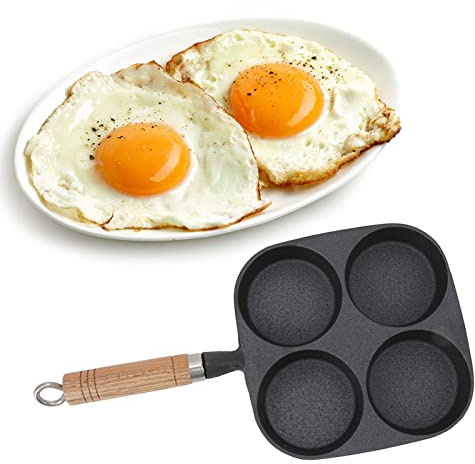 TOTITOM Padella per uova, padella per uova in ghisa da 4 tazze con manico in legno, padella antiaderente per cuocere le uova per colazione, frittelle, frittate Regalo di San Valentino
