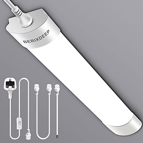 BERIXDEEP Plug and Play LED Batten Light 4ft with 3m Cable, 36w, 6500K | Daylight Plug in Strip Ceiling Light with Switch for Garage, Shed, Workshop, Office, Basement, 120cm Connectable Cable