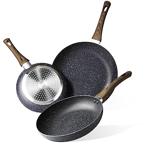 nuovva Induction Hob Pan Set – 3pcs Non Stick Frying Pan – Kitchen Cookware Nonstick – Marble, 20cm, 24cm & 28cm Frying Pans Set