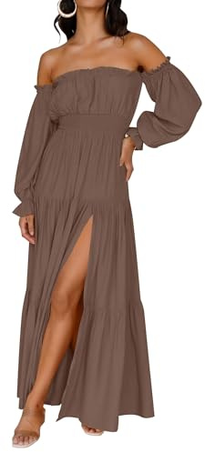ZESICA Robe Longue à Volants Style bohème Sexy à Manches Longues et épaules dénudées - Taille Haute - Fente sur Le côté - pour Femme, café, Taille M