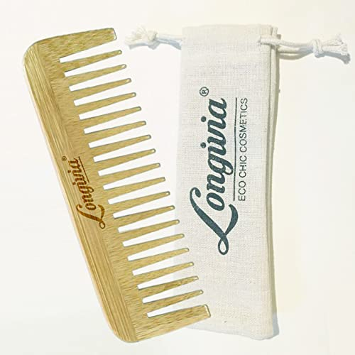 Longivia® Pettine Denti Larghi in Legno di Bamboo - Pettine Legno Ecologico in Bambù con Pouch Regalo - Pettine per Capelli Ricci o Lunghi Antistatico Stimolante Cuoio Capelluto