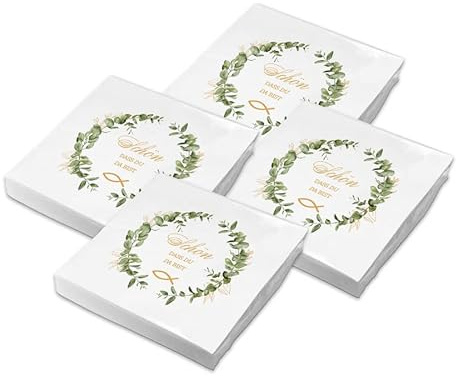itenga Servietten Papier Fisch Schön dass du da bist 33 x 33 cm 3-lagig 80 Stück für Taufe Kommunion Konfirmation Jungen und Mädchen Eukalyptus Kranz grün gold weiß